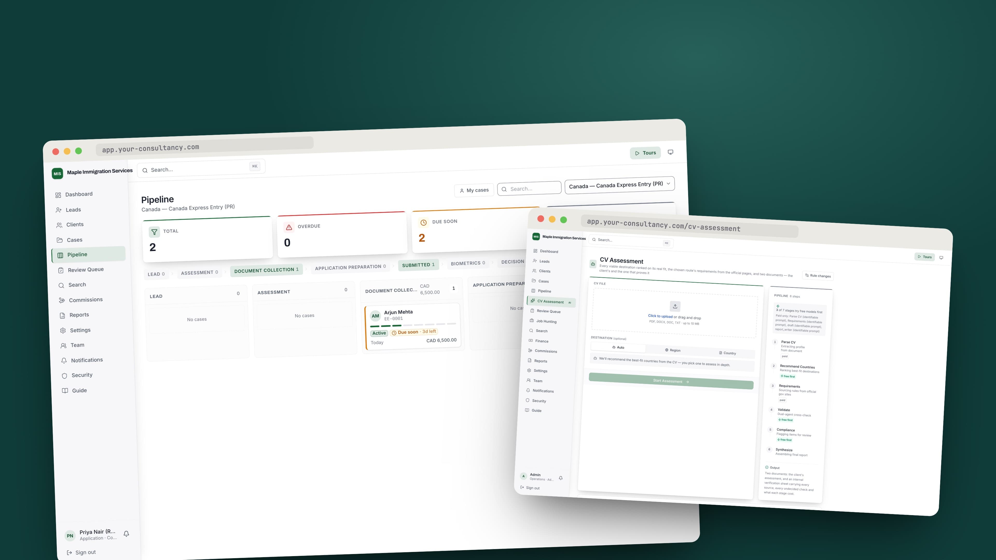 Pipeline board next to the AI CV-assessment screen