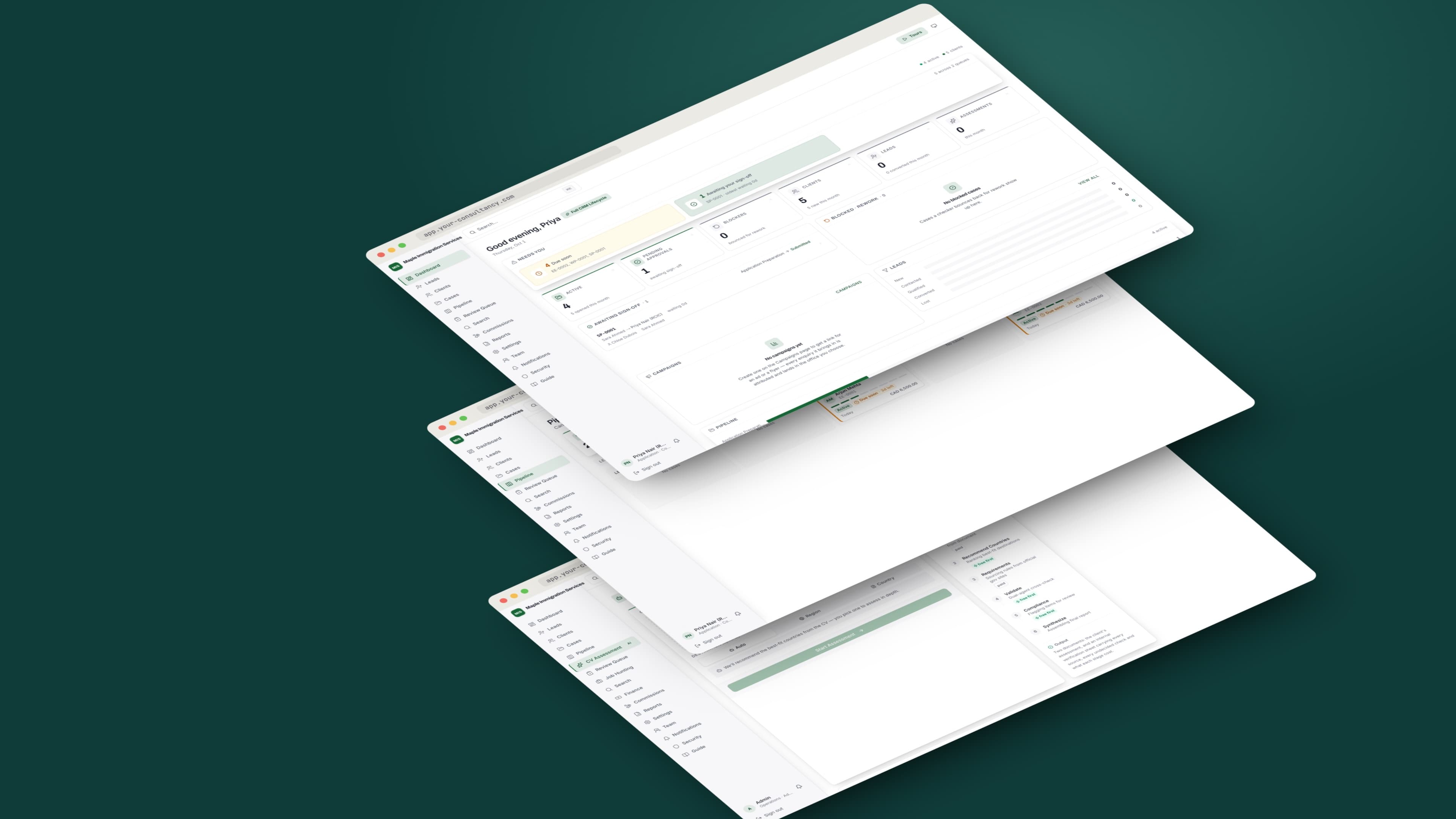 Dashboard, pipeline and CV assessment stacked