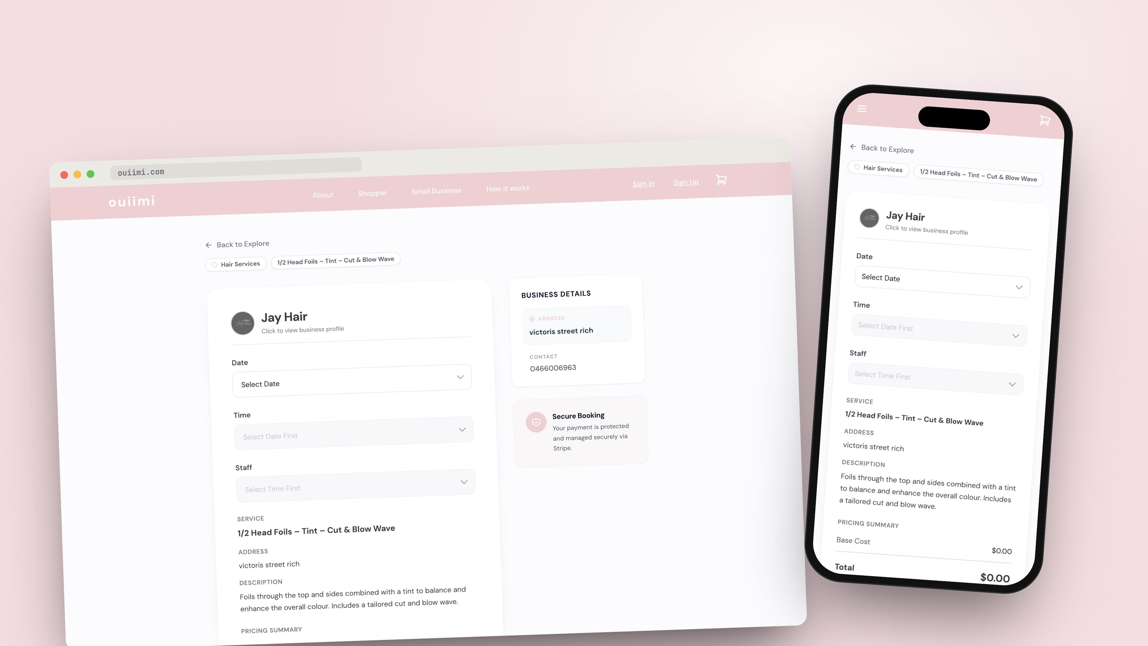 OUIIMI booking page on desktop and mobile