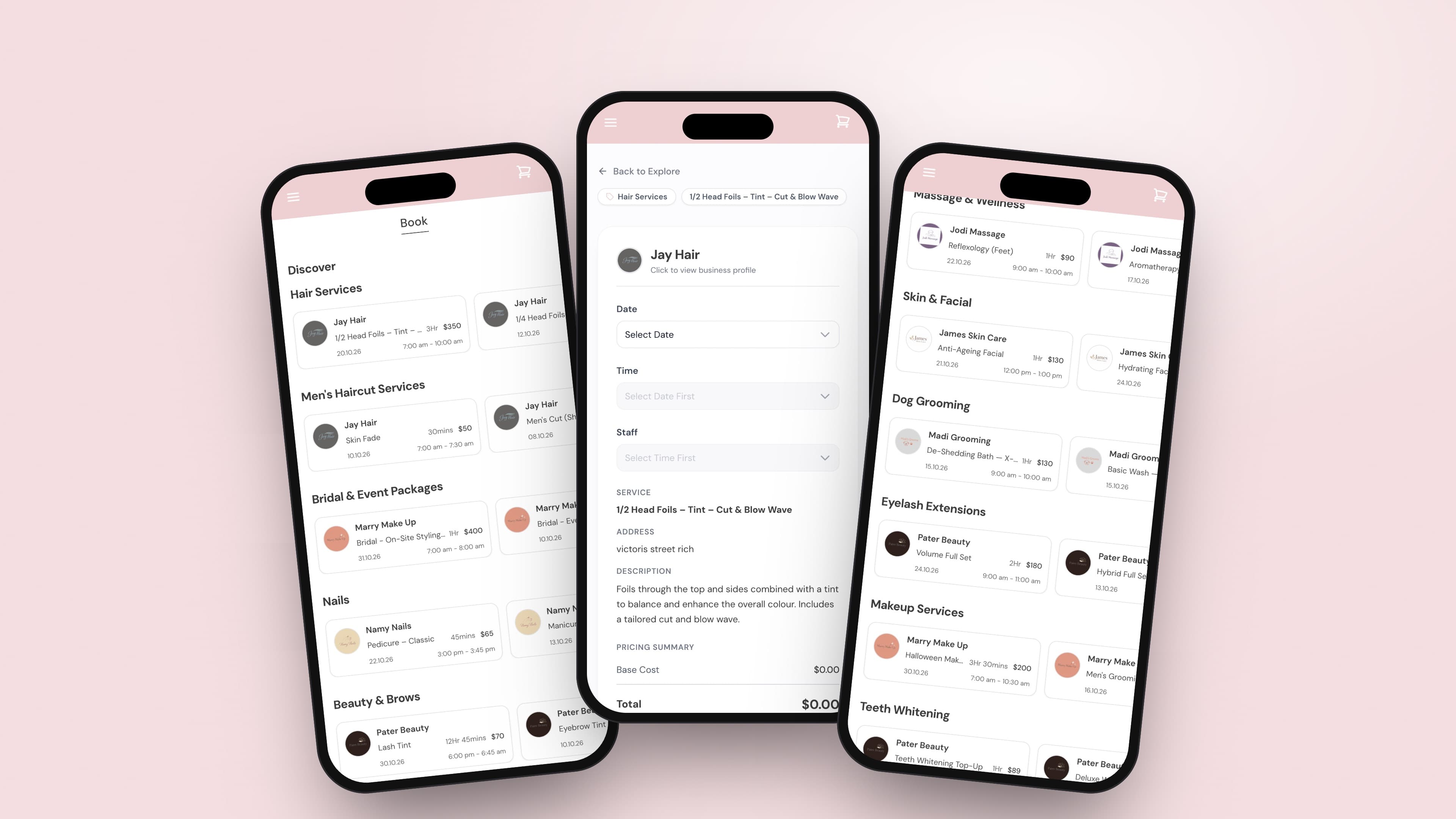 OUIIMI on three phones: discover, booking and categories